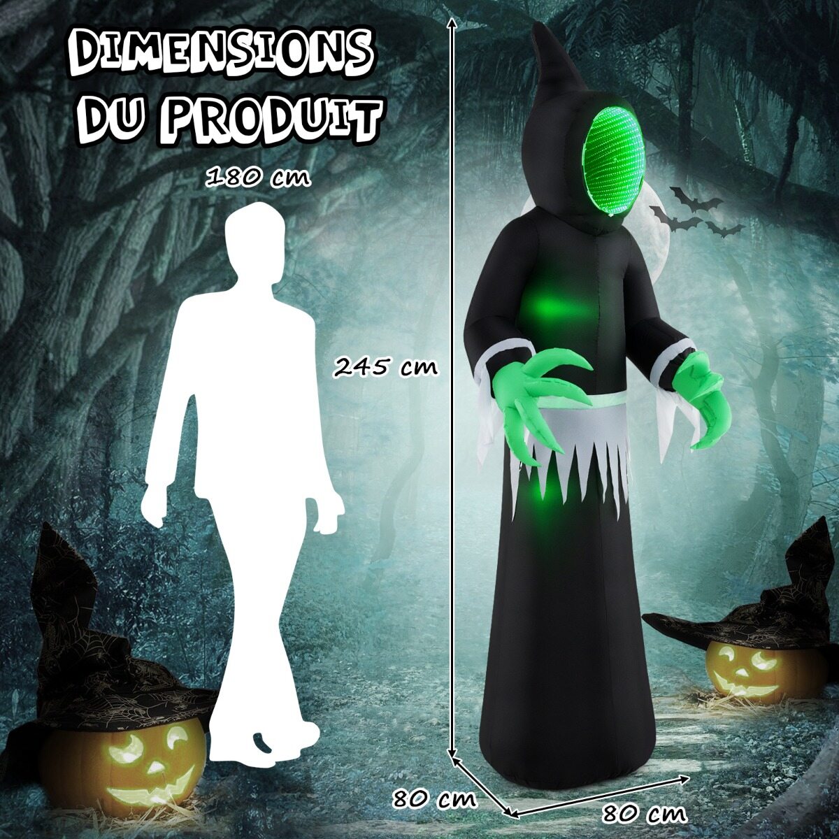 245 cm hiiglaslik täispuhutav halloweeni kummitus täispuhutav kummituskaunistus sisseehitatud LED-tulede ja peegliga must + roheline
