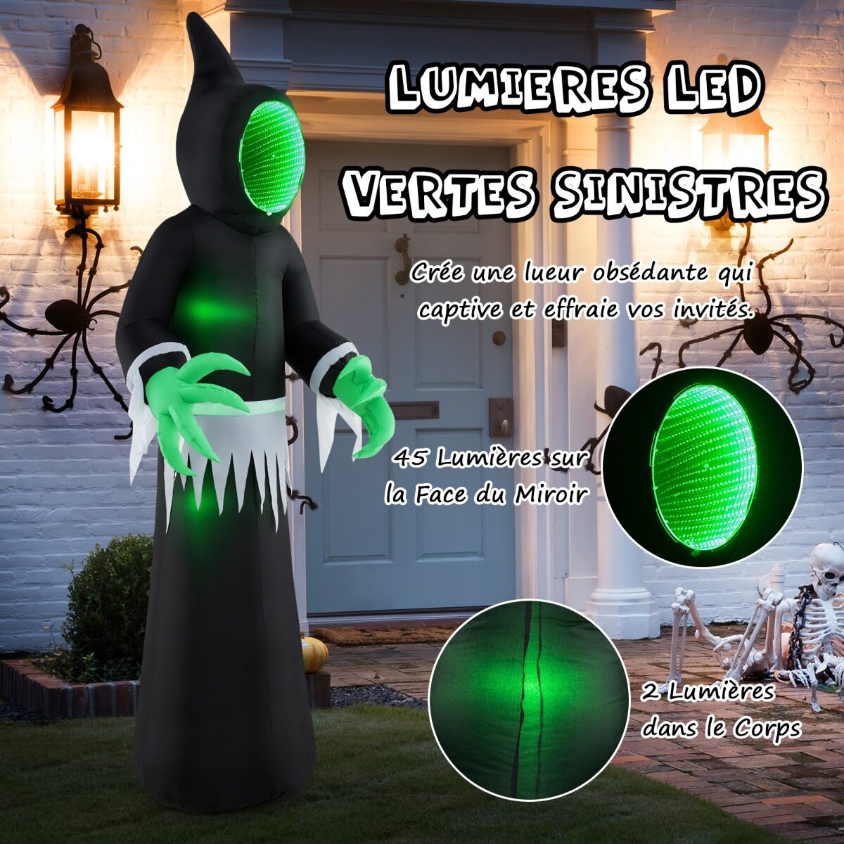 245 cm hiiglaslik täispuhutav halloweeni kummitus täispuhutav kummituskaunistus sisseehitatud LED-tulede ja peegliga must + roheline