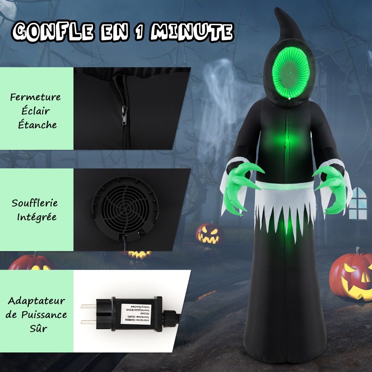 245 cm hiiglaslik täispuhutav halloweeni kummitus täispuhutav kummituskaunistus sisseehitatud LED-tulede ja peegliga must + roheline
