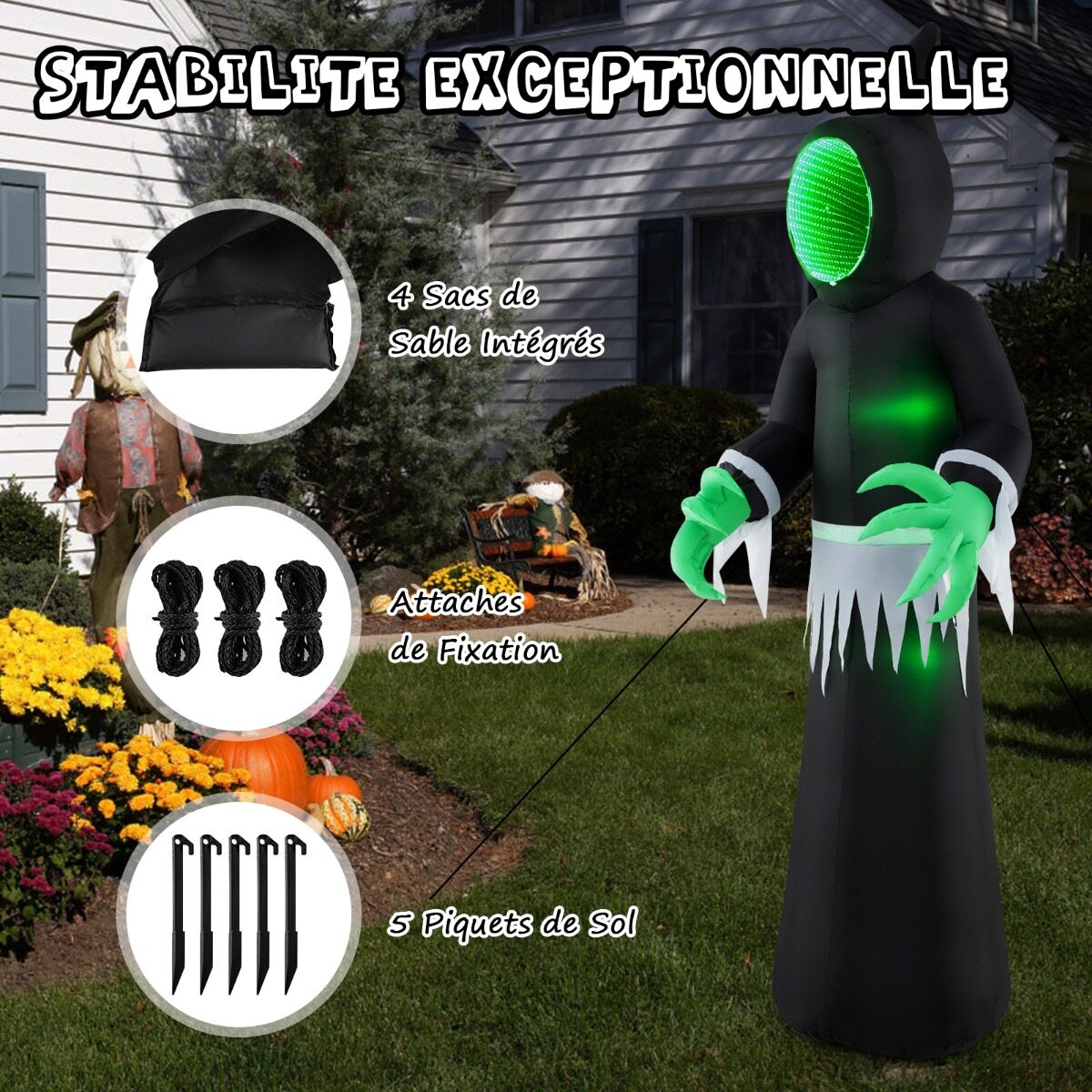245 cm hiiglaslik täispuhutav halloweeni kummitus täispuhutav kummituskaunistus sisseehitatud LED-tulede ja peegliga must + roheline