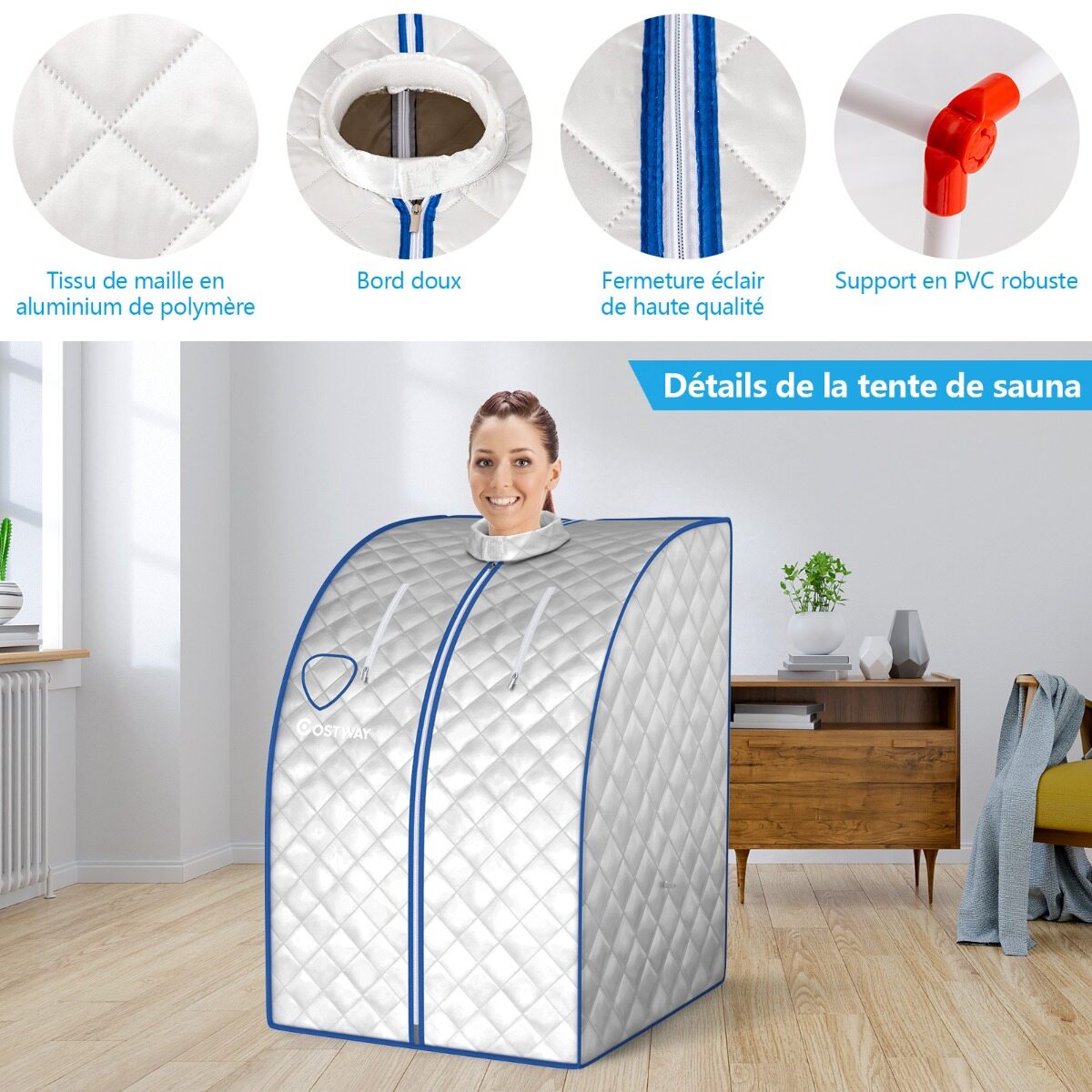 Kaasaskantav aurusaun 3 l/1000 W auruboileriga, puldiga, kokkupandava tooliga ja ravimikarbiga, aurusaun 9 reguleeritava temperatuuriga, hõbedane