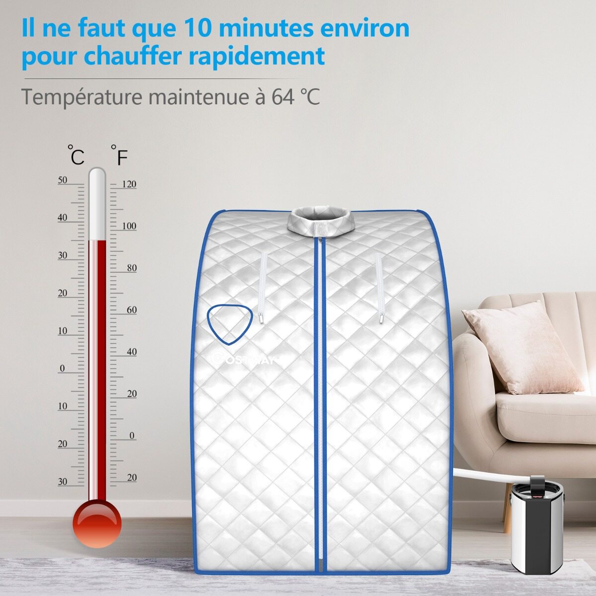 Kaasaskantav aurusaun 3 l/1000 W auruboileriga, puldiga, kokkupandava tooliga ja ravimikarbiga, aurusaun 9 reguleeritava temperatuuriga, hõbedane