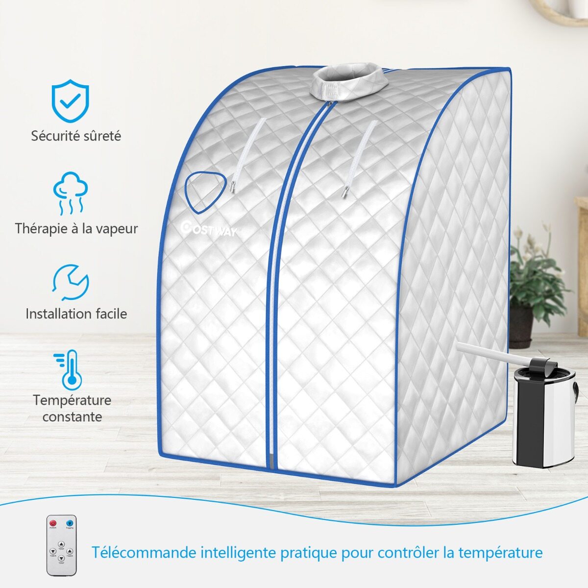 Kaasaskantav aurusaun 3 l/1000 W auruboileriga, puldiga, kokkupandava tooliga ja ravimikarbiga, aurusaun 9 reguleeritava temperatuuriga, hõbedane