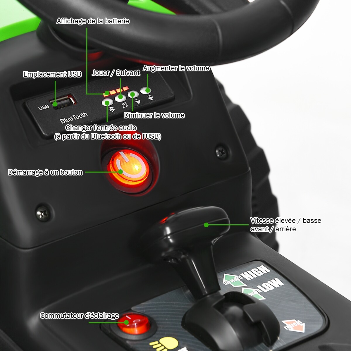 3-käiguline lastetraktor 12 V eemaldatava haagisega roheline pealeistutav traktor