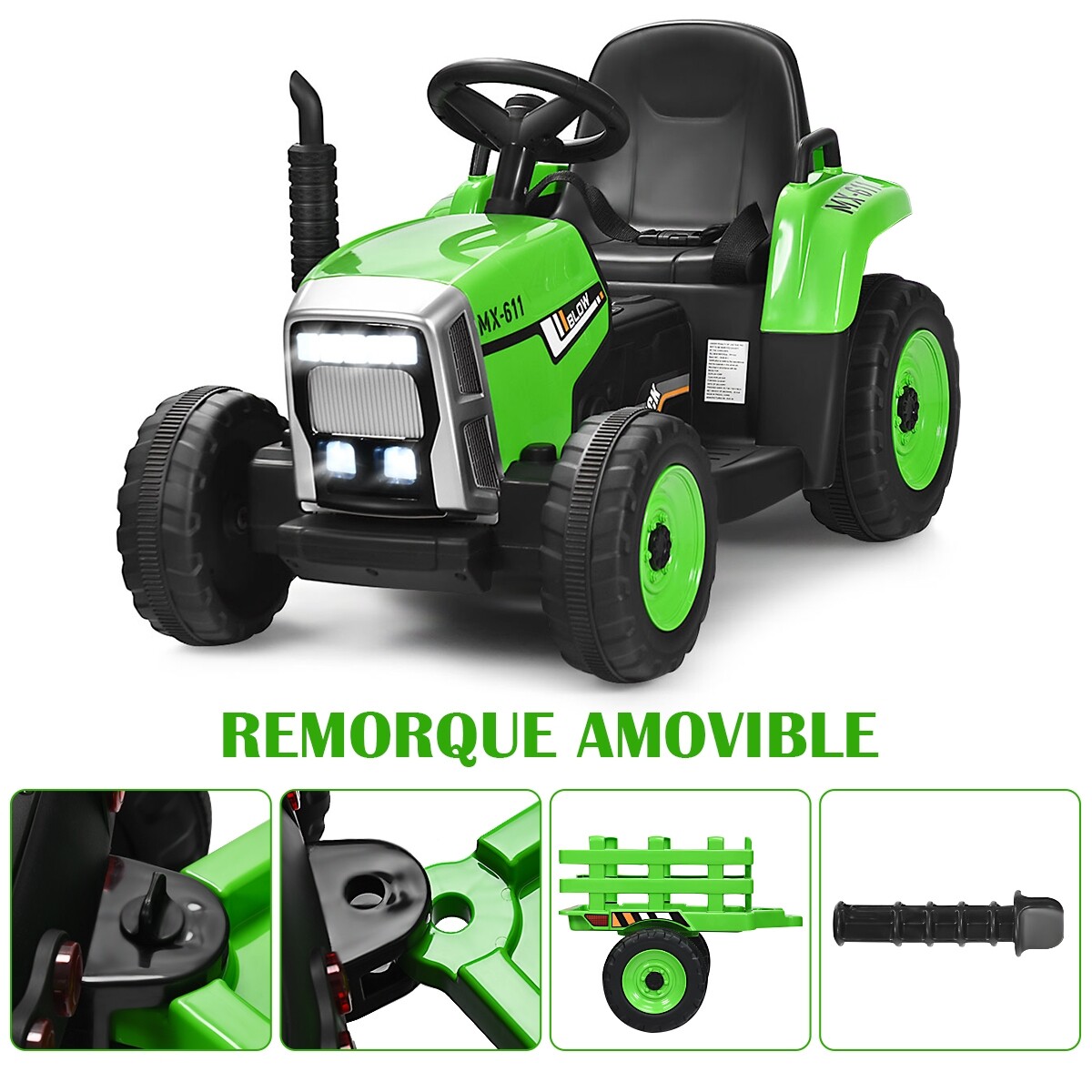 3-käiguline lastetraktor 12 V eemaldatava haagisega roheline pealeistutav traktor