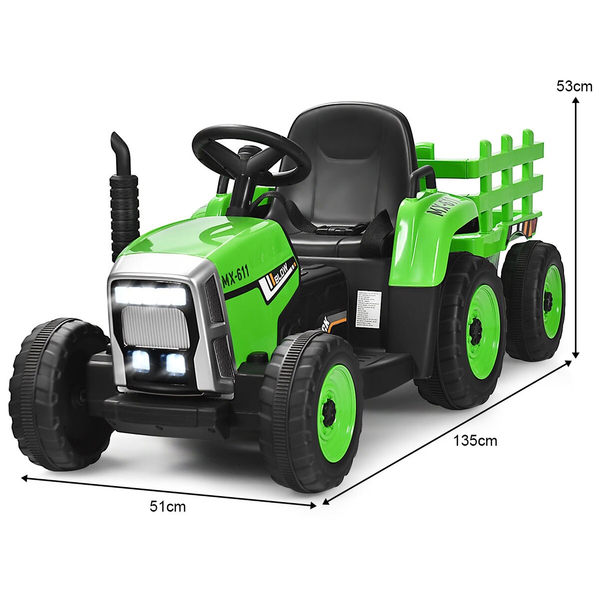 3-käiguline lastetraktor 12 V eemaldatava haagisega roheline pealeistutav traktor
