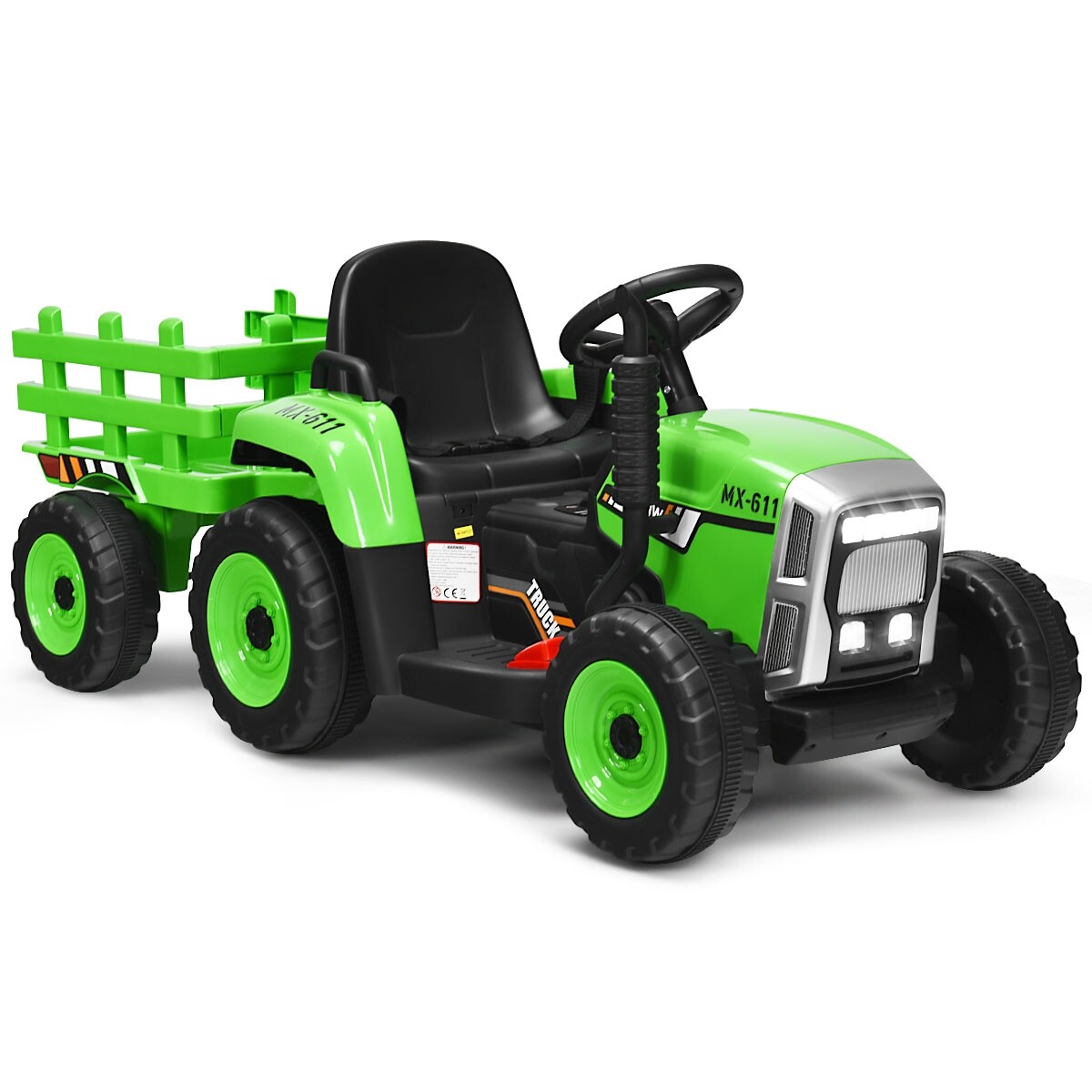 3-käiguline lastetraktor 12 V eemaldatava haagisega roheline pealeistutav traktor