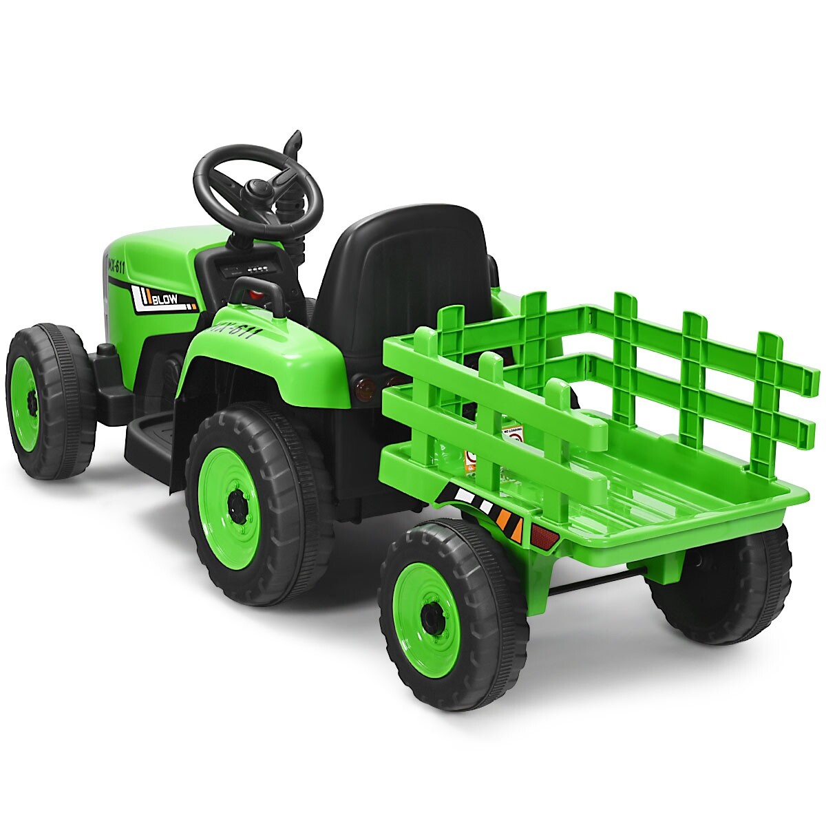 3-käiguline lastetraktor 12 V eemaldatava haagisega roheline pealeistutav traktor