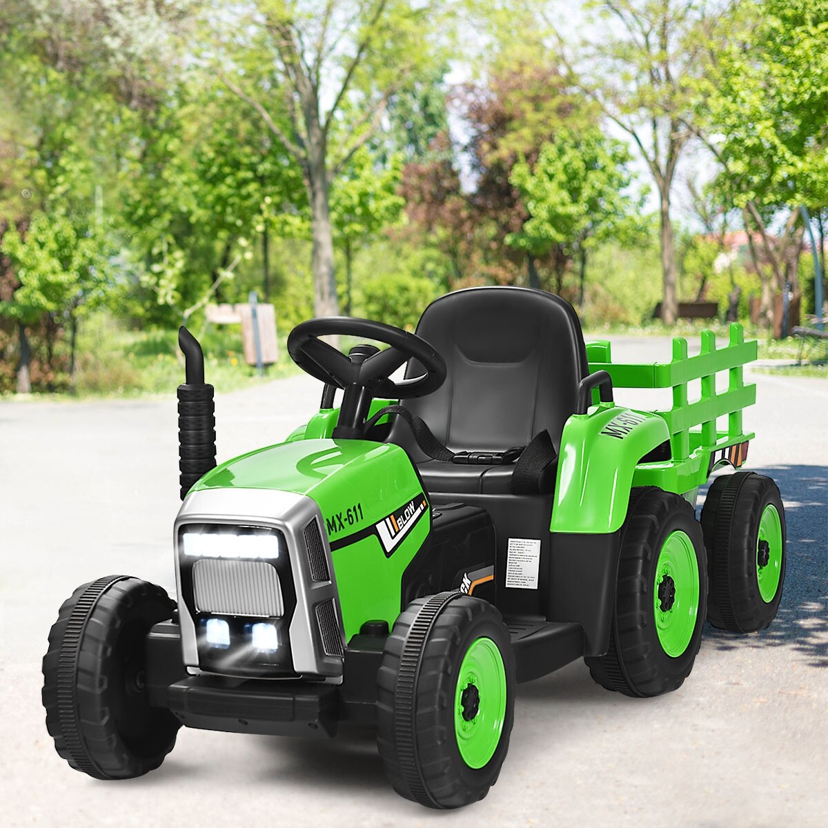 3-käiguline lastetraktor 12 V eemaldatava haagisega roheline pealeistutav traktor