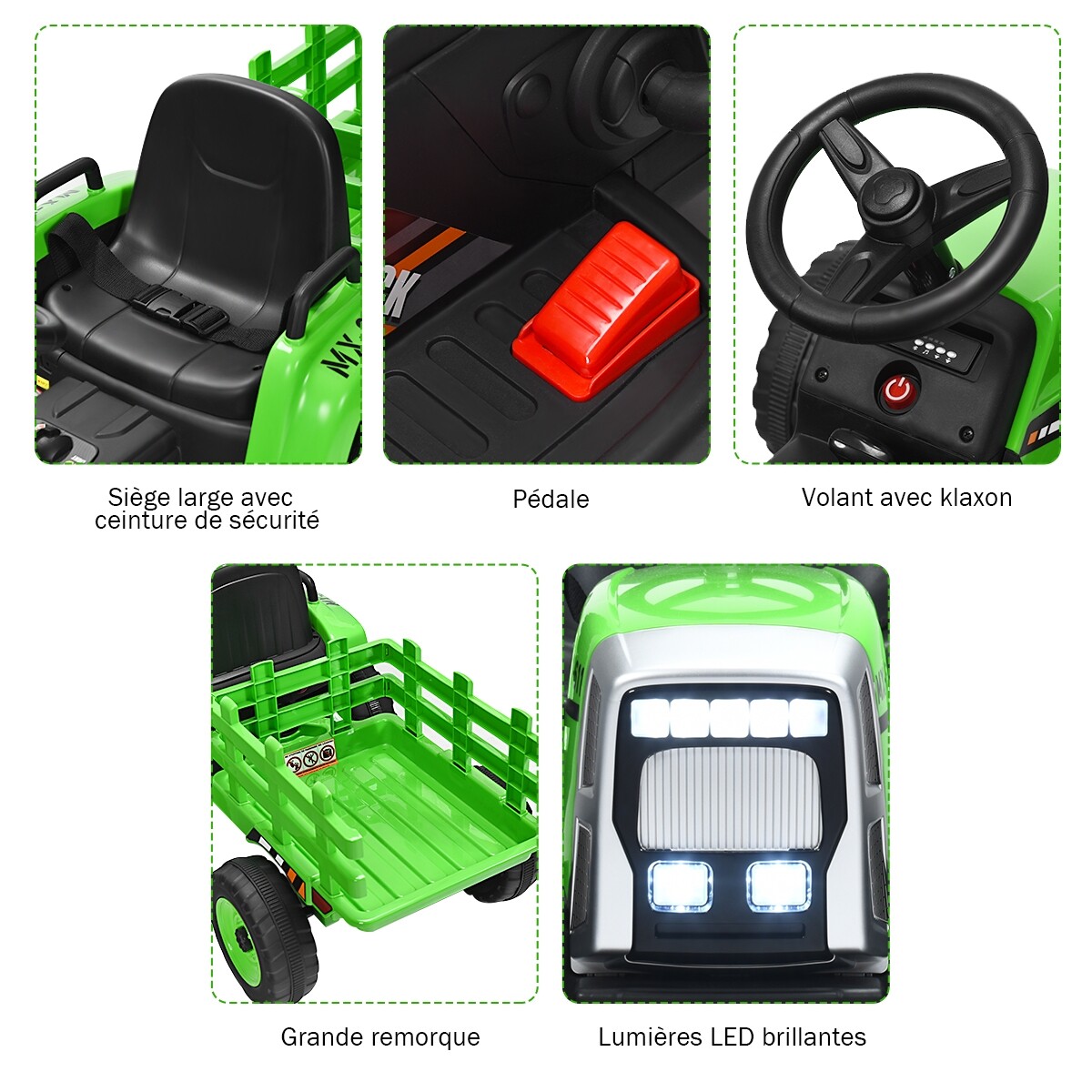 3-käiguline lastetraktor 12 V eemaldatava haagisega roheline pealeistutav traktor