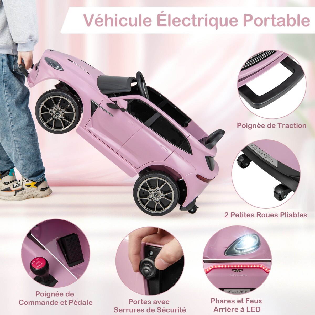 Elektriline laste sõiduauto, 2 V, puldiga, ametlikult litsentseeritud Aston Martin, signaali, muusika ja LED-tuledega, vanuses 3-8, roosa