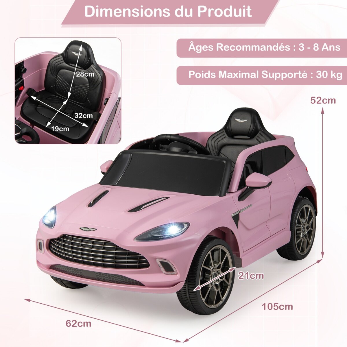 Elektriline laste sõiduauto, 2 V, puldiga, ametlikult litsentseeritud Aston Martin, signaali, muusika ja LED-tuledega, vanuses 3-8, roosa