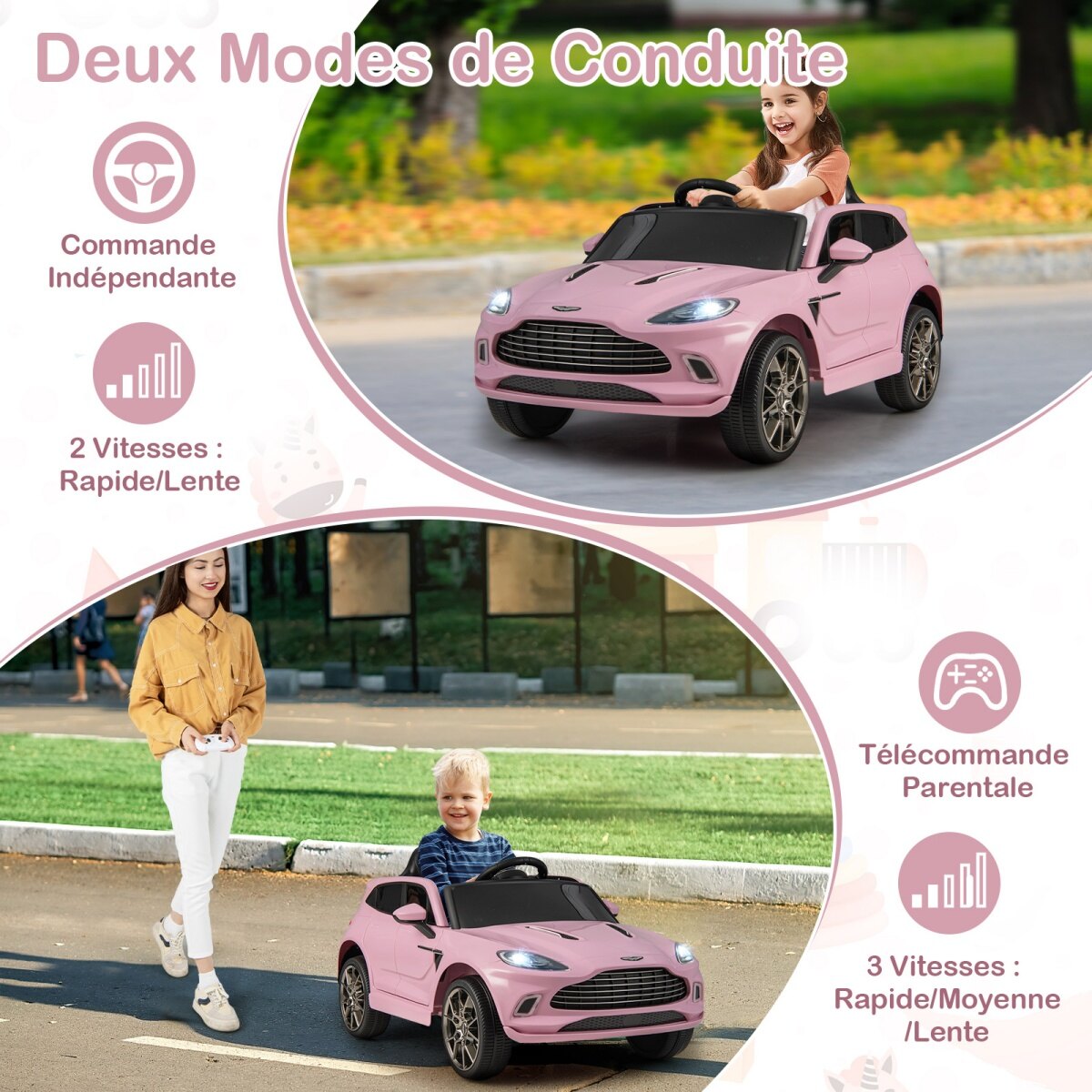 Elektriline laste sõiduauto, 2 V, puldiga, ametlikult litsentseeritud Aston Martin, signaali, muusika ja LED-tuledega, vanuses 3-8, roosa