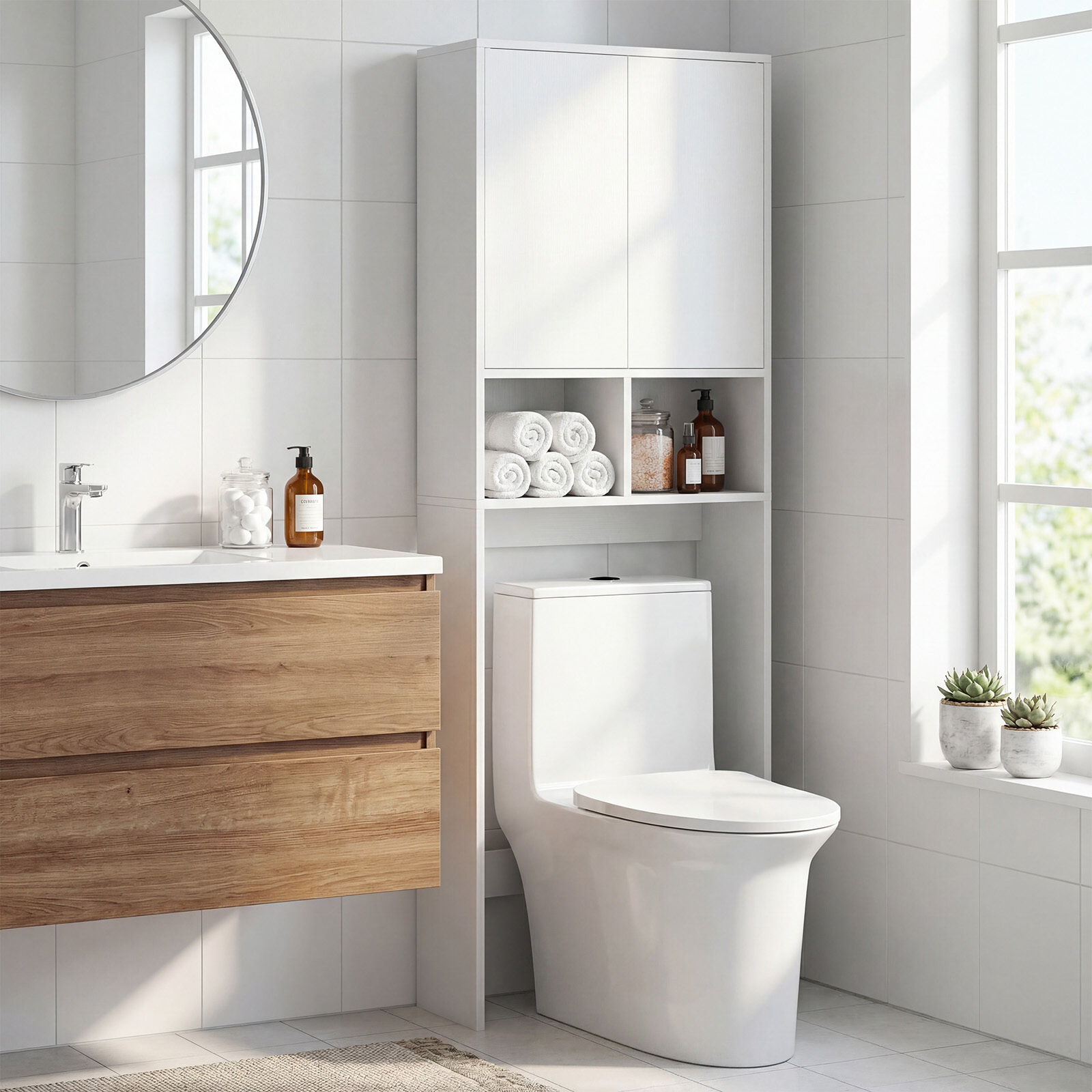 WC-poti kohal asuv hoiukapp, eraldiseisev tualettkapp kahe ukse ja kahe avatud sektsiooniga, 60 x 23 x 166 cm, valge