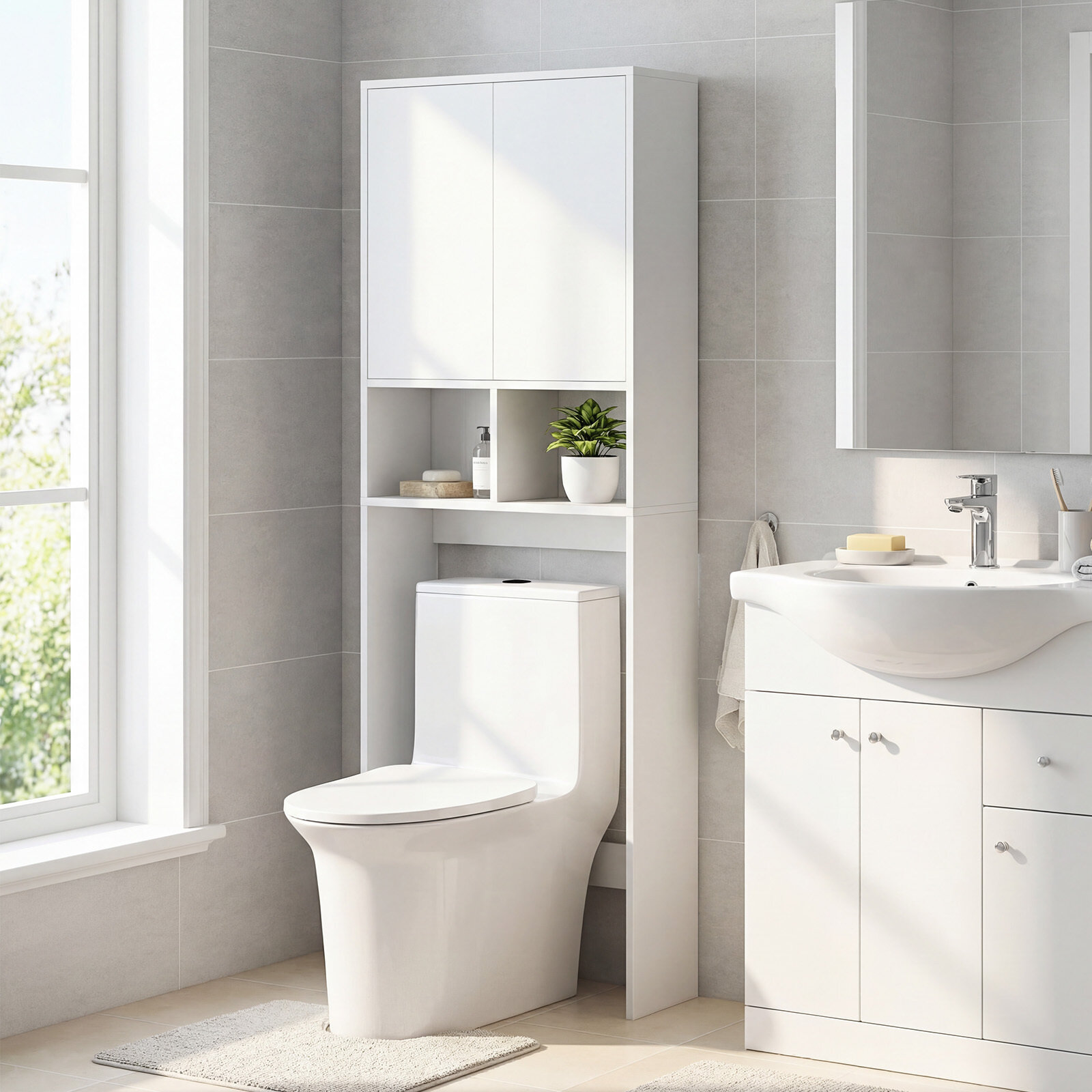 WC-poti kohal asuv hoiukapp, eraldiseisev tualettkapp kahe ukse ja kahe avatud sektsiooniga, 60 x 23 x 166 cm, valge