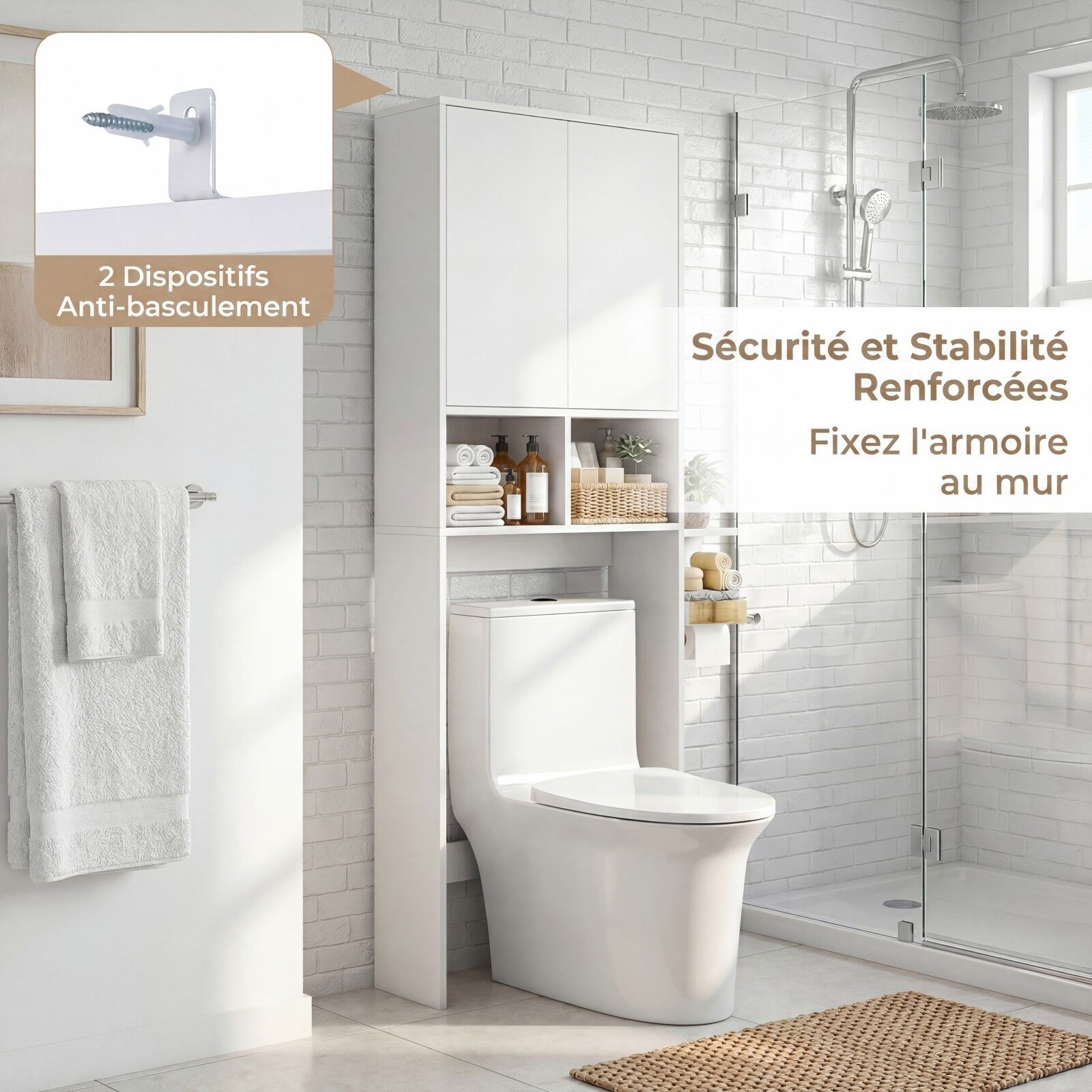 WC-poti kohal asuv hoiukapp, eraldiseisev tualettkapp kahe ukse ja kahe avatud sektsiooniga, 60 x 23 x 166 cm, valge