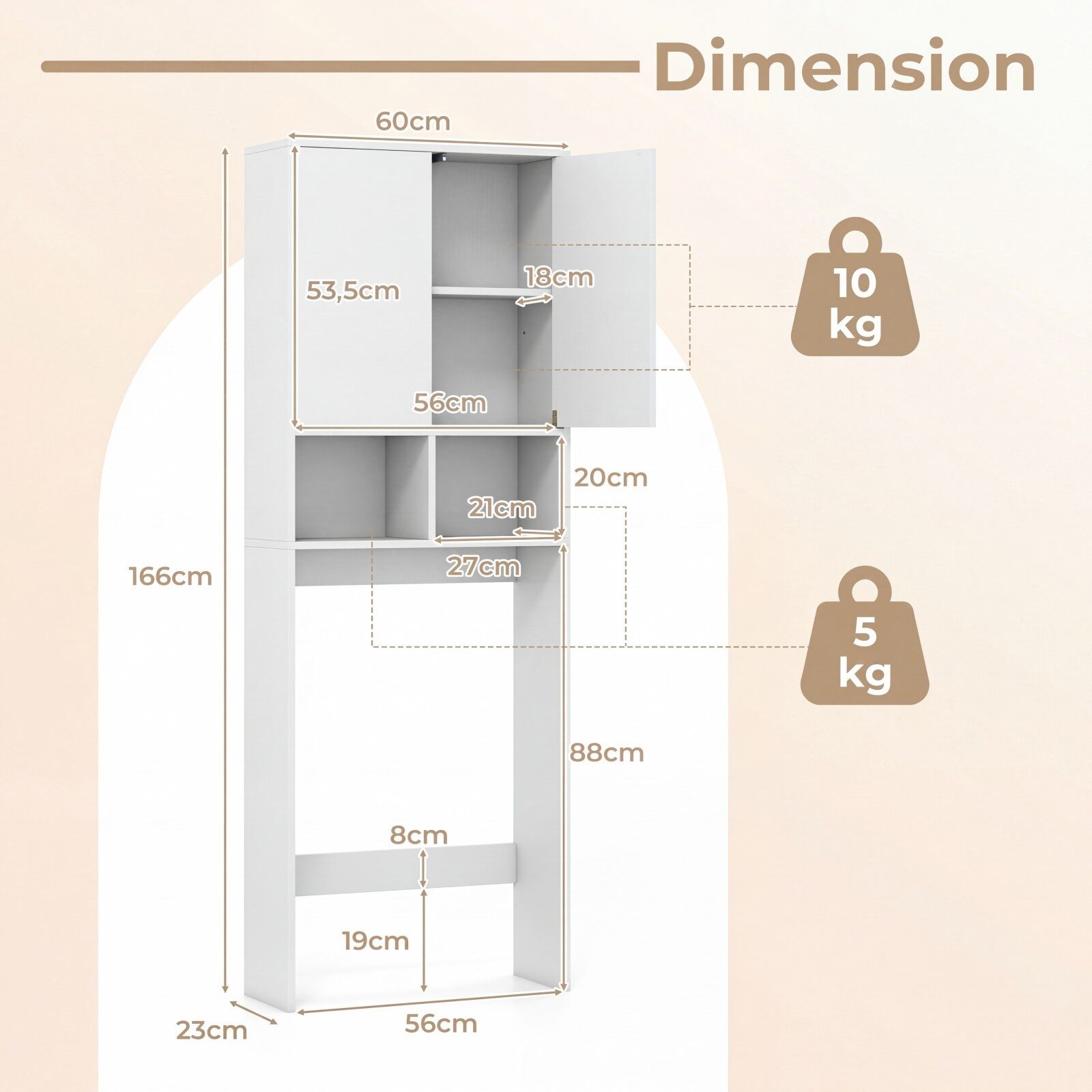 WC-poti kohal asuv hoiukapp, eraldiseisev tualettkapp kahe ukse ja kahe avatud sektsiooniga, 60 x 23 x 166 cm, valge