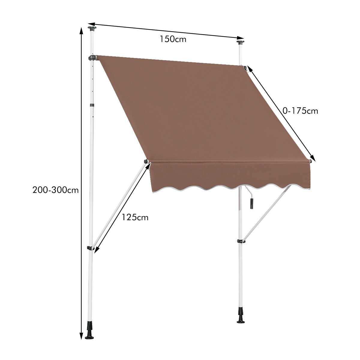 Käsitsi väljatõmmatav varikatus 150 x 125 cm, reguleeritava kõrgusega 2-3 m, puurimist mittevajav, metall ja kangas, aknale, rõdule või aiakohvikusse