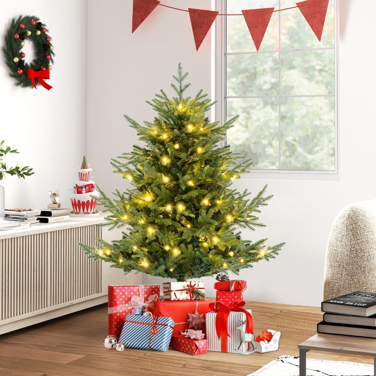 Kunstlik jõulupuu 135 cm 442 oksaotsaga 160 sooja valge LED-tulega, PE ja PVC kunstkuusk