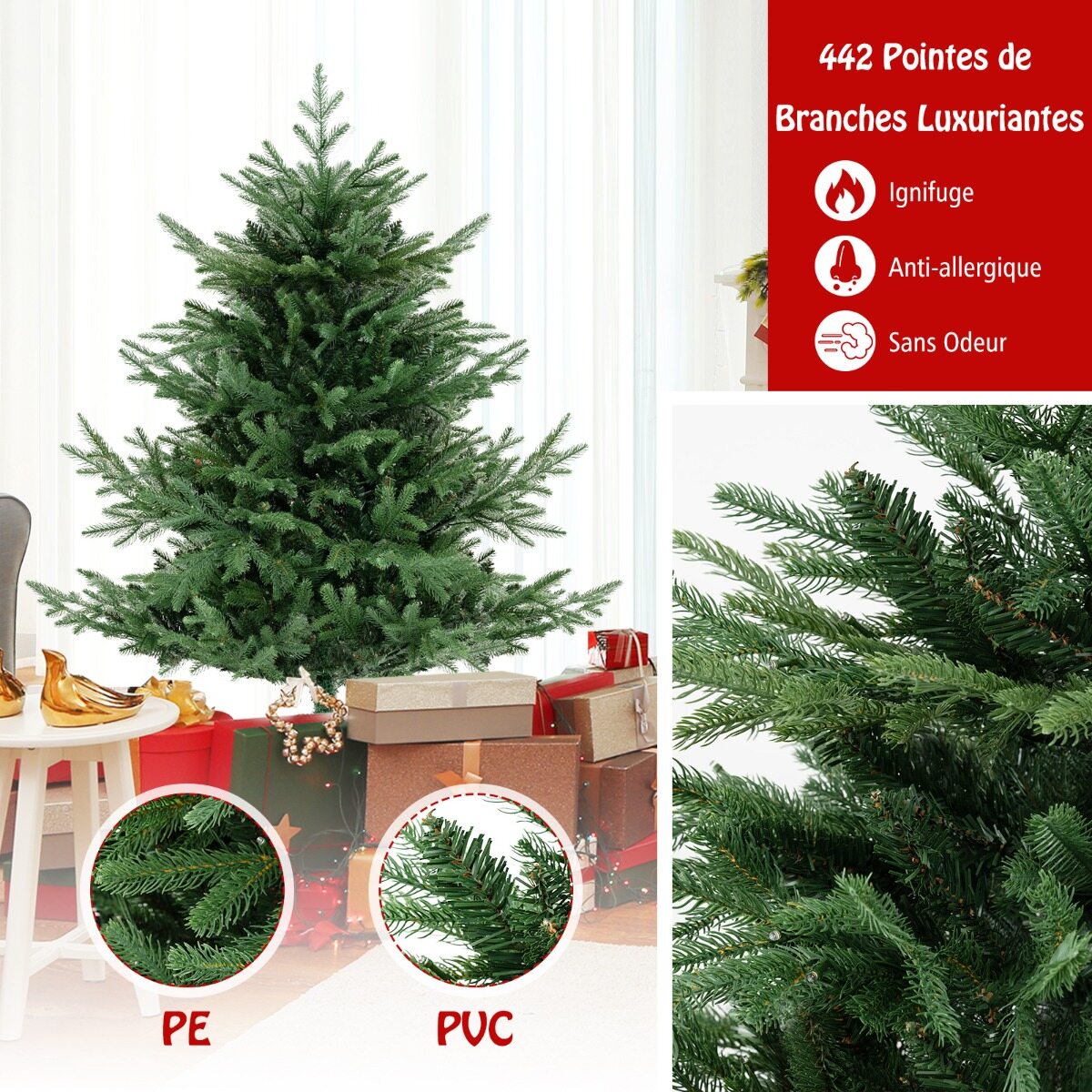 Kunstlik jõulupuu 135 cm 442 oksaotsaga 160 sooja valge LED-tulega, PE ja PVC kunstkuusk