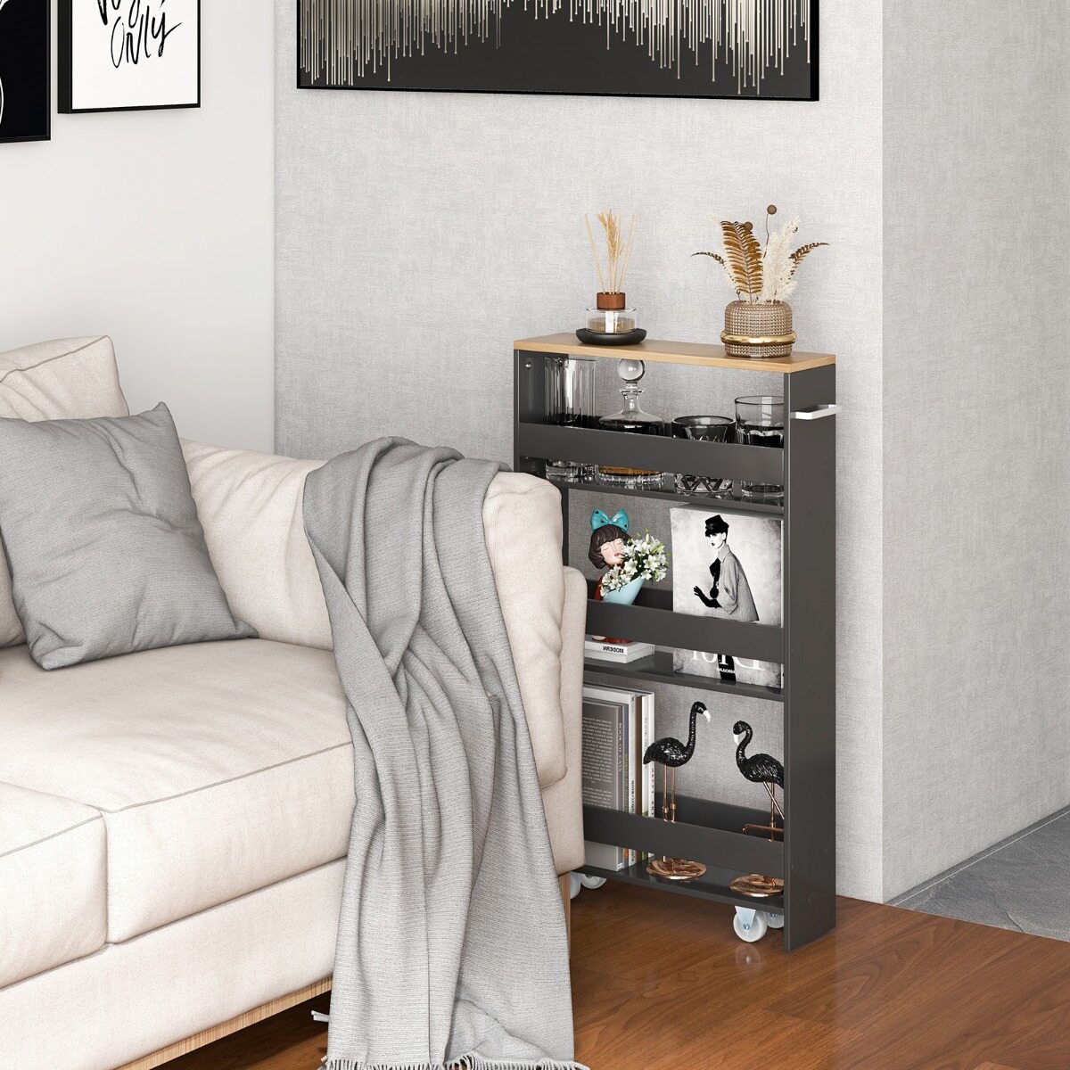 4-tasandiline puidust ratastel niširiiul käepidemega köögikäruga 48 x 13 x 81 cm hall + naturaalne