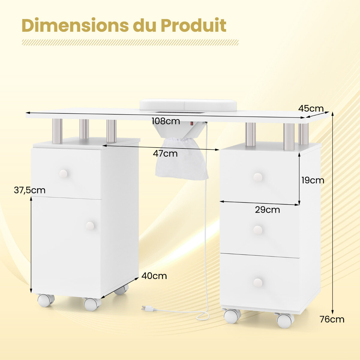 Maniküürilaud elektrilise tolmukogujaga, mobiilne küünetehniku ​​laud 3 tolmukotiga, 108x45x78cm, valge