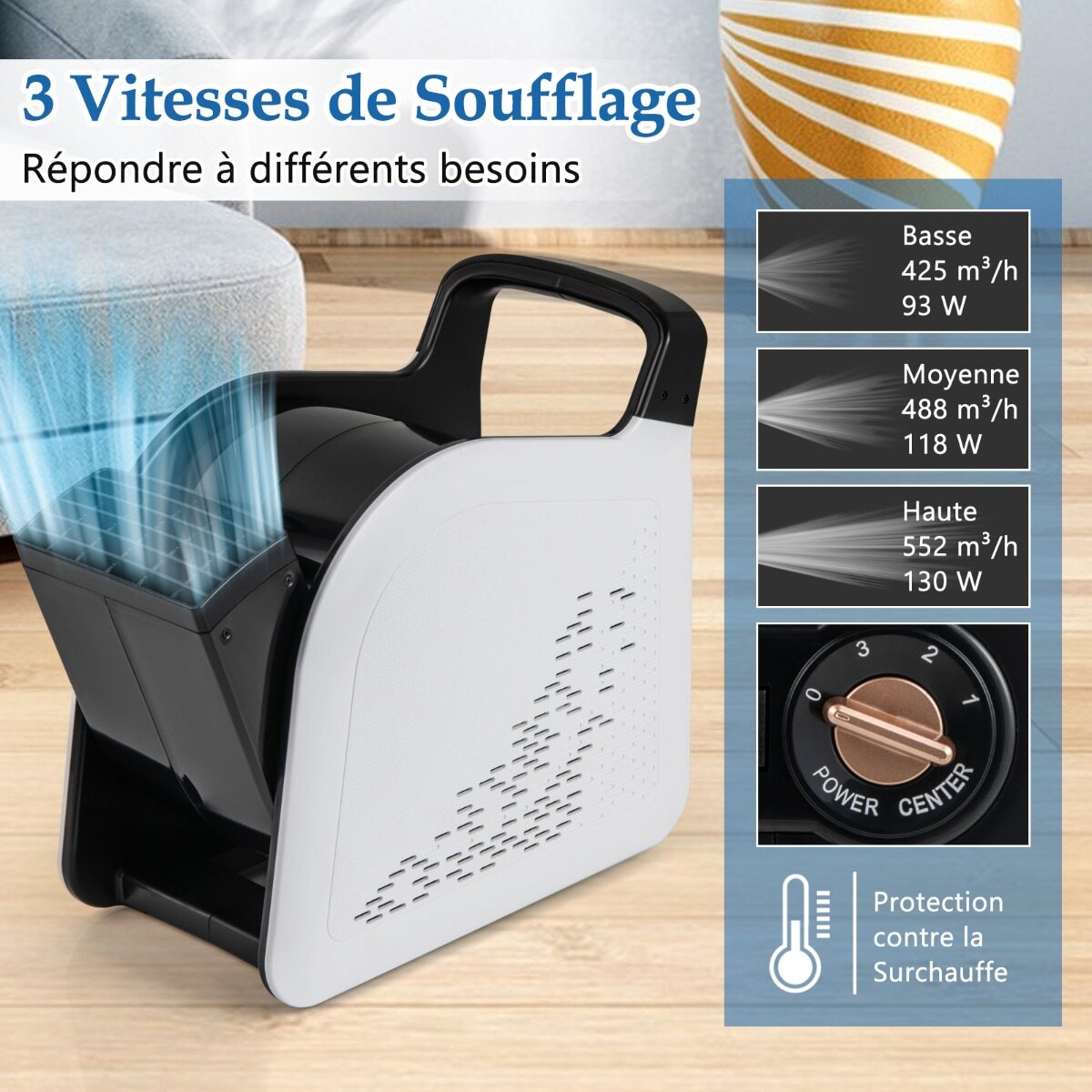 Kiire puhurventilaator, 3 kiirusega kaasaskantav ventilaator 185° pöörleva peaga, 130 W, 552 m³/h, 2 vahelduvvoolu pistikupesa