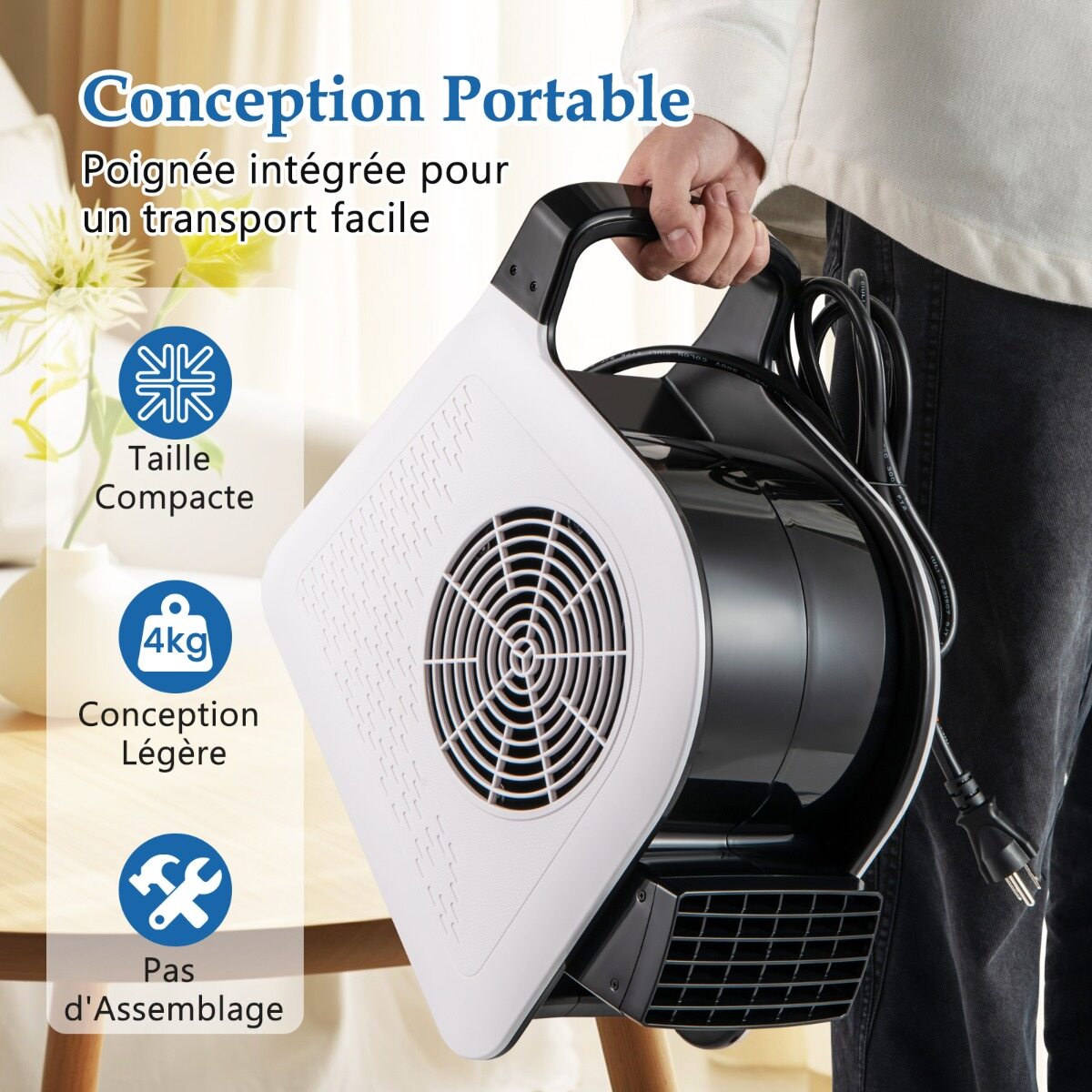 Kiire puhurventilaator, 3 kiirusega kaasaskantav ventilaator 185° pöörleva peaga, 130 W, 552 m³/h, 2 vahelduvvoolu pistikupesa