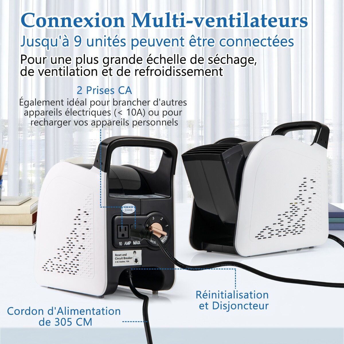 Kiire puhurventilaator, 3 kiirusega kaasaskantav ventilaator 185° pöörleva peaga, 130 W, 552 m³/h, 2 vahelduvvoolu pistikupesa