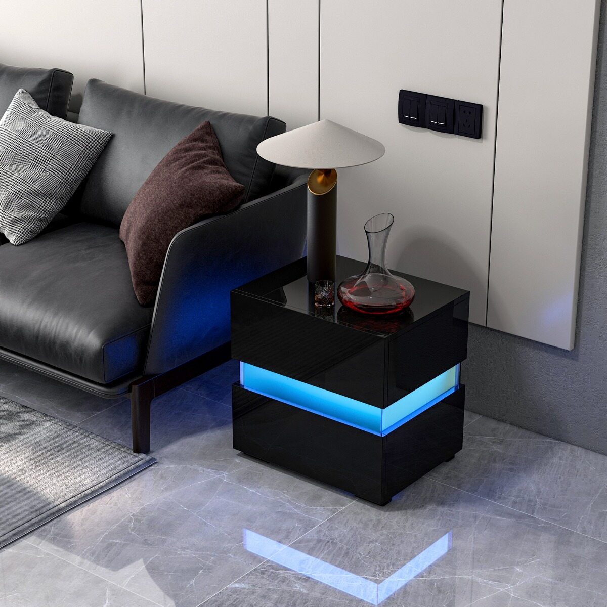 Öökappide komplekt 2 LED-öökappi, kõrgläikega öökapp, öökapp 2 sahtliga, must
