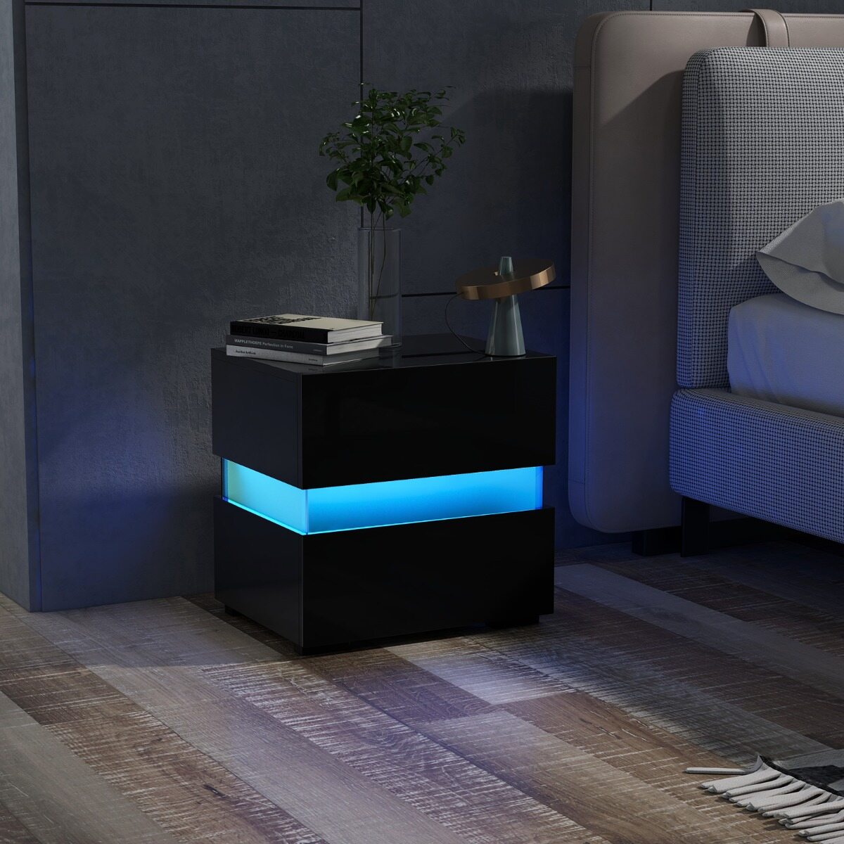 Öökappide komplekt 2 LED-öökappi, kõrgläikega öökapp, öökapp 2 sahtliga, must