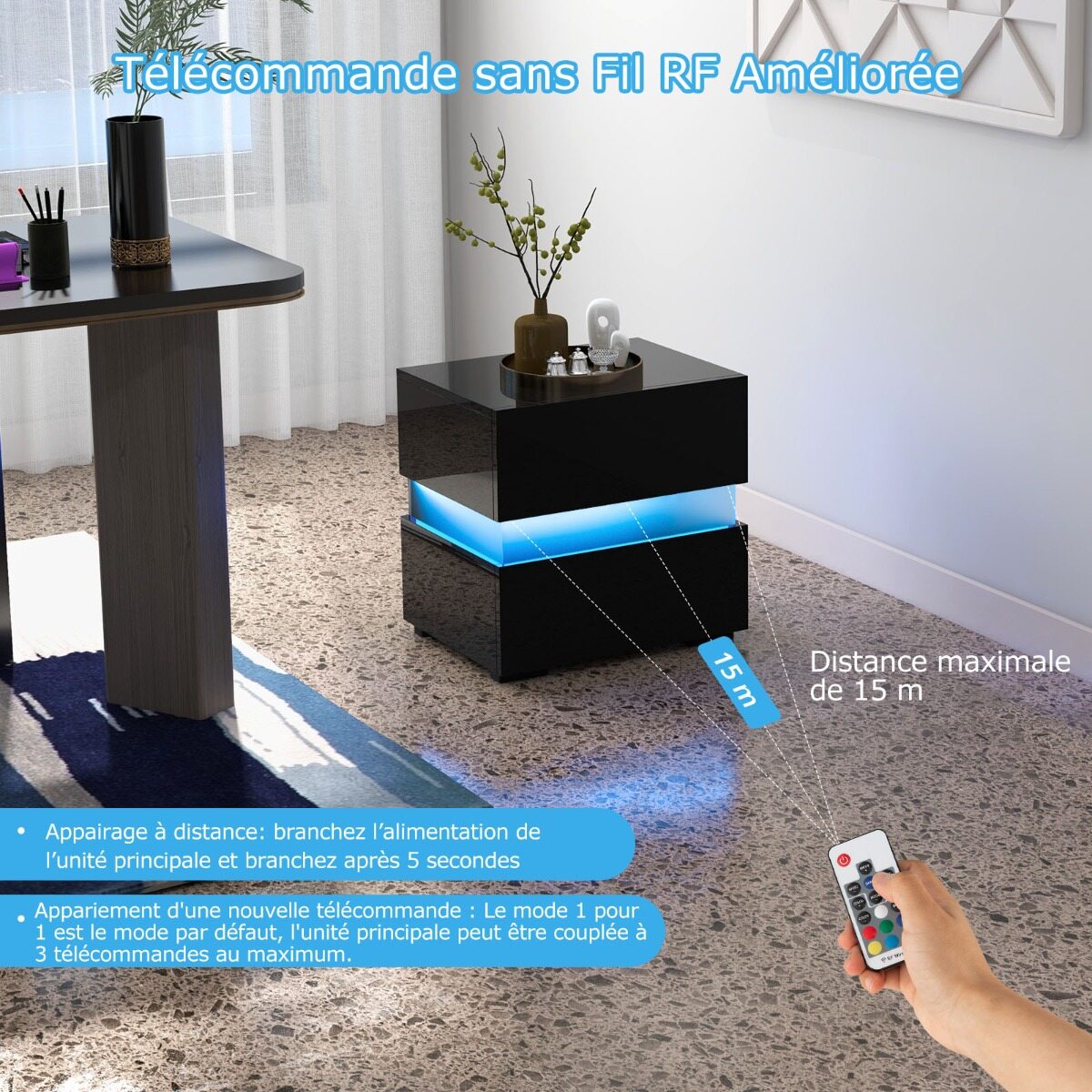 Öökappide komplekt 2 LED-öökappi, kõrgläikega öökapp, öökapp 2 sahtliga, must