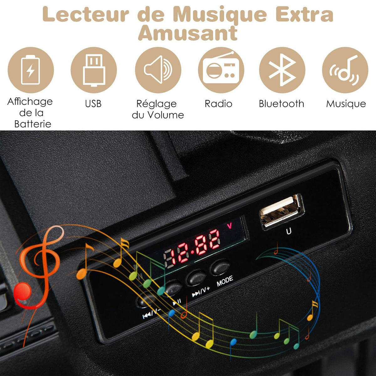 12 V/7 Ah elektriauto lastele 2,4 G kaugjuhtimispult 2 mootoriga MP3 USB signaaliga Max kiirus 6 km/h 3-8 aastat Khaki