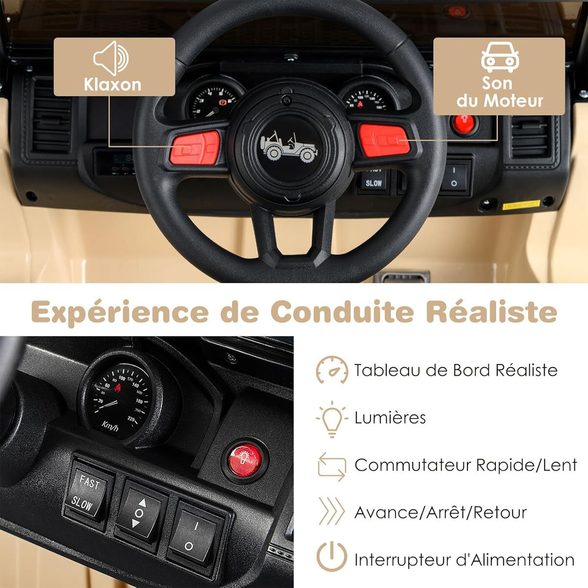 12 V/7 Ah elektriauto lastele 2,4 G kaugjuhtimispult 2 mootoriga MP3 USB signaaliga Max kiirus 6 km/h 3-8 aastat Khaki