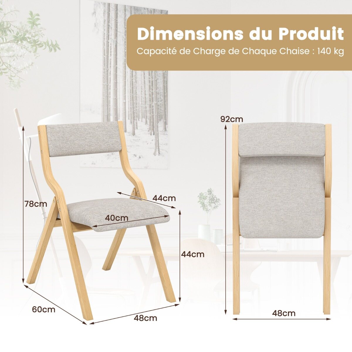 Set of 2 Folding Dining Chairs Upholstered Chairs with Solid Wood Frame Natural Linen Fabric Backrest Set of 2 Folding Dining Chairs Upholstered Chairs with Solid Wood Frame Natural Linen Fabric Backrest