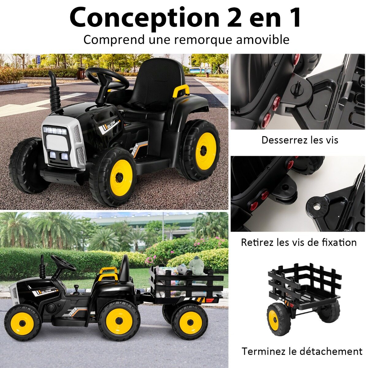 12 V laste traktor eemaldatava haagise ja puldiga elektriline mänguauto must