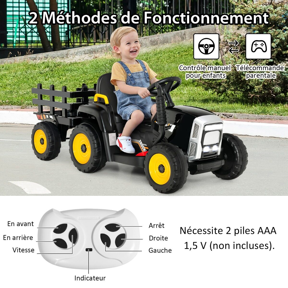 12 V laste traktor eemaldatava haagise ja puldiga elektriline mänguauto must