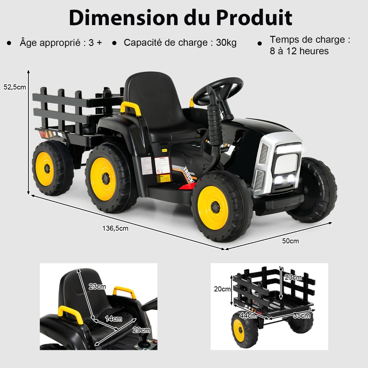 12 V laste traktor eemaldatava haagise ja puldiga elektriline mänguauto must