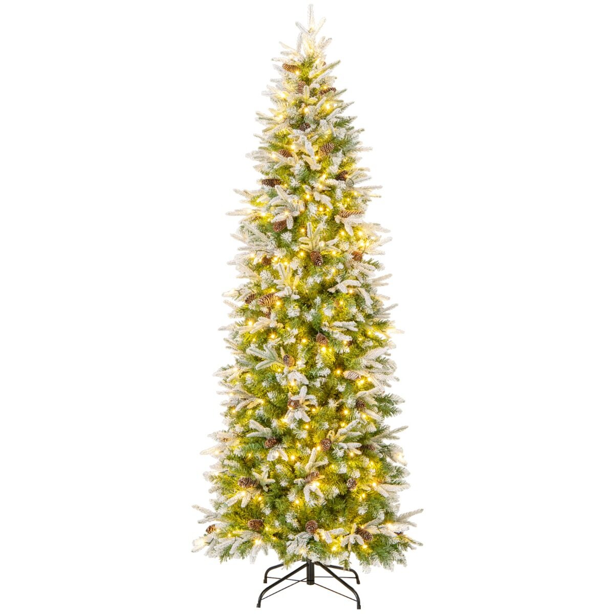 220 cm kunstkuusk, hingedega jõulukuusk, lumega kaetud, 913 otsa, 75 männikäbi, 350 sooja valget LED-tuld