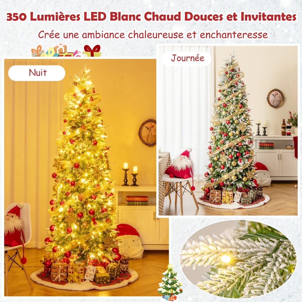 220 cm kunstkuusk, hingedega jõulukuusk, lumega kaetud, 913 otsa, 75 männikäbi, 350 sooja valget LED-tuld