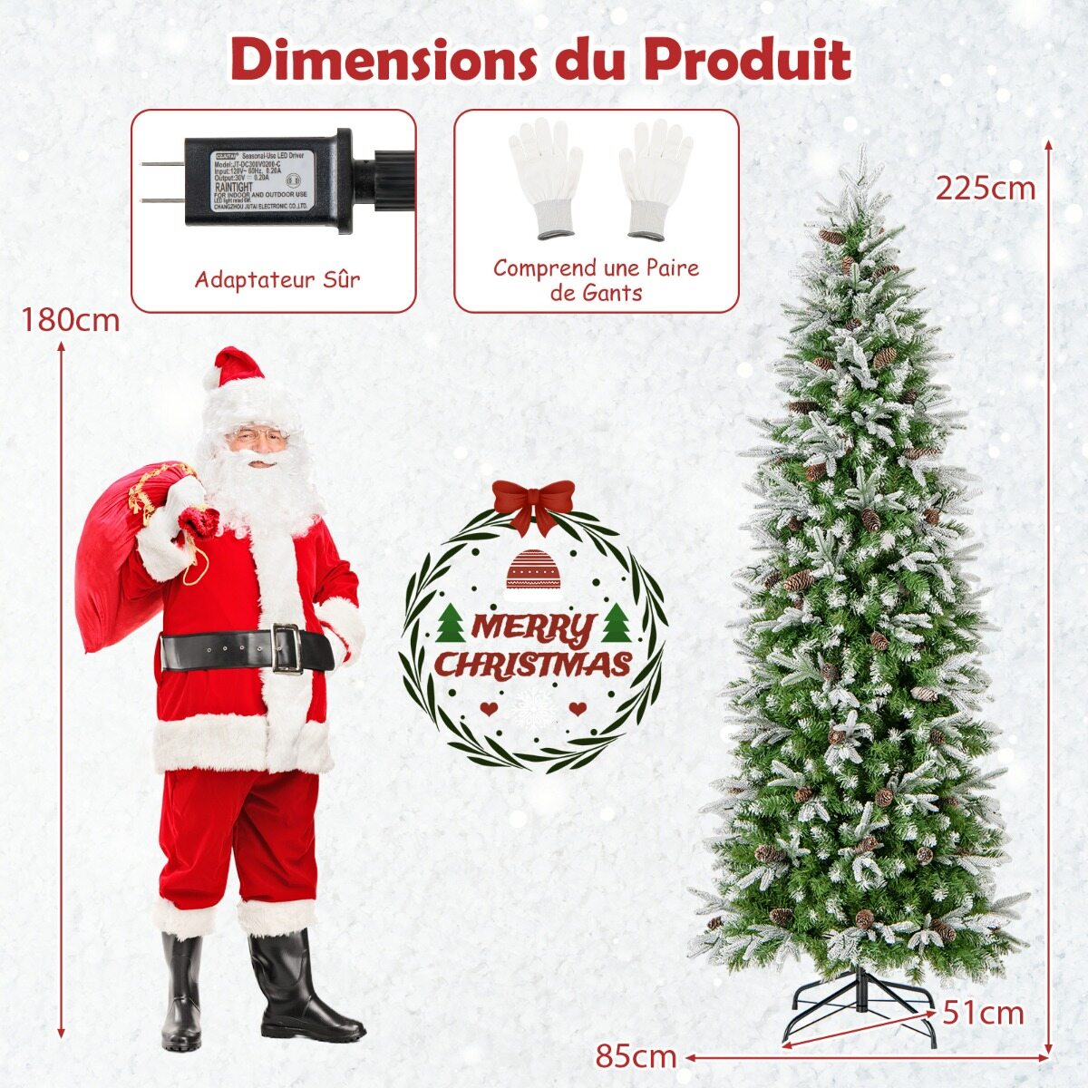 220 cm kunstkuusk, hingedega jõulukuusk, lumega kaetud, 913 otsa, 75 männikäbi, 350 sooja valget LED-tuld