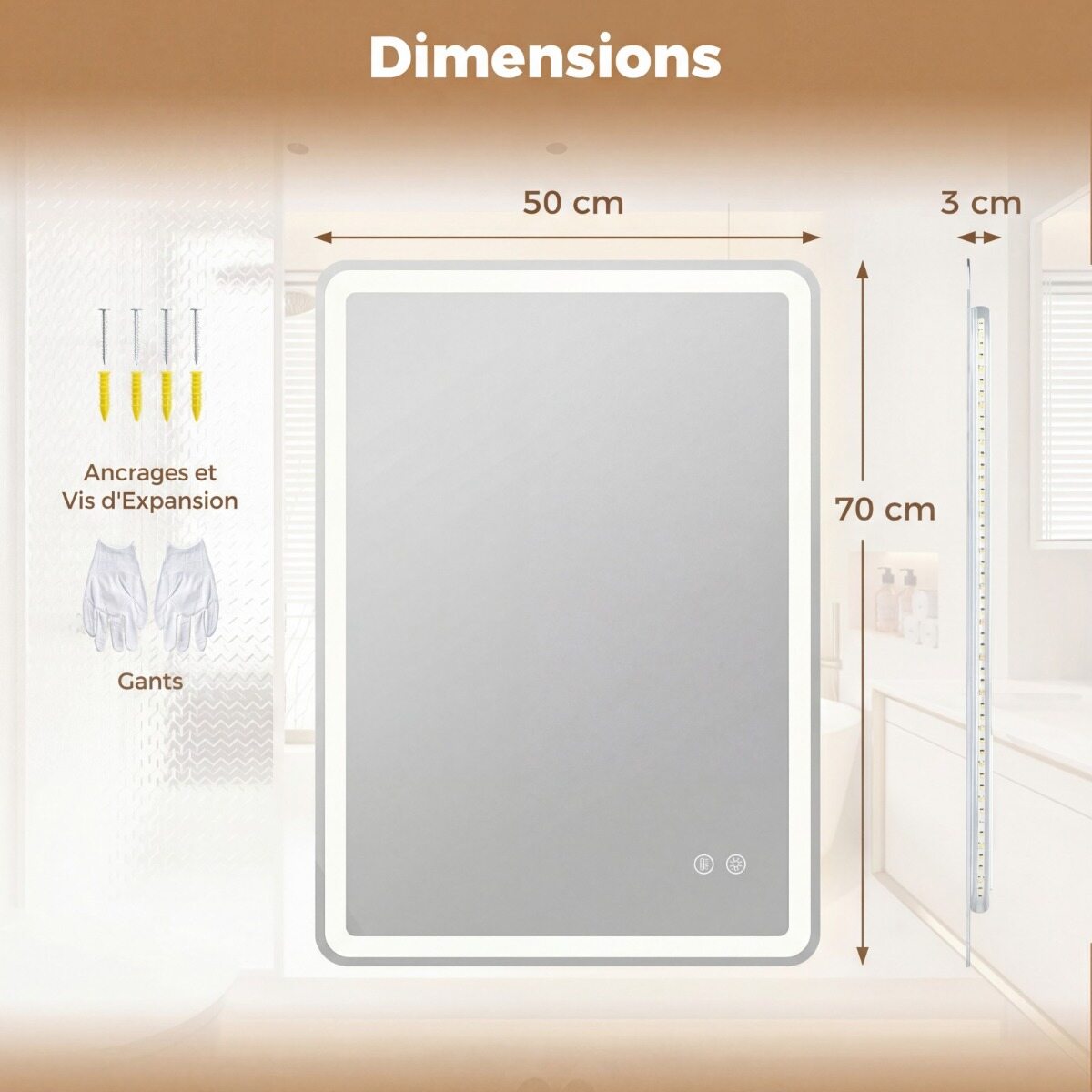 70 x 50 cm LED-vannitoa peegel, ristkülikukujuline seinapeegel plahvatuskindlast karastatud klaasist, 3 värvitemperatuuri ja uduvastase funktsiooniga