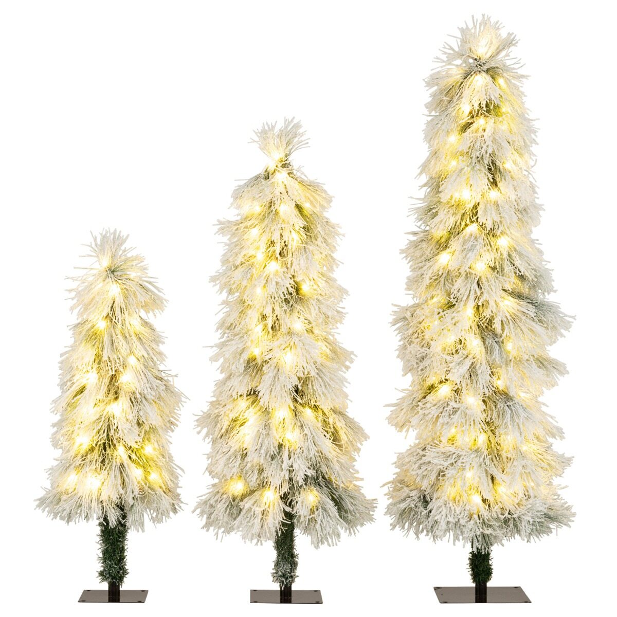 3 kunstkuuse komplekt (90/120/150 cm) tuledega, lumetolmuga kaetud oksaotsad, 30, 50 ja 70 LED-tulega
