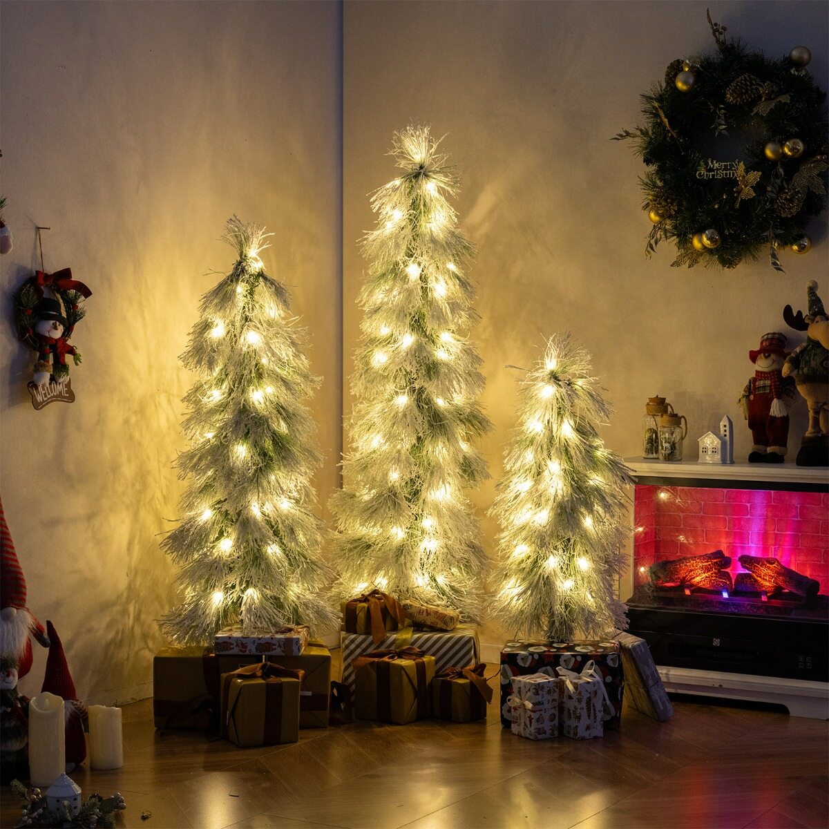 3 kunstkuuse komplekt (90/120/150 cm) tuledega, lumetolmuga kaetud oksaotsad, 30, 50 ja 70 LED-tulega