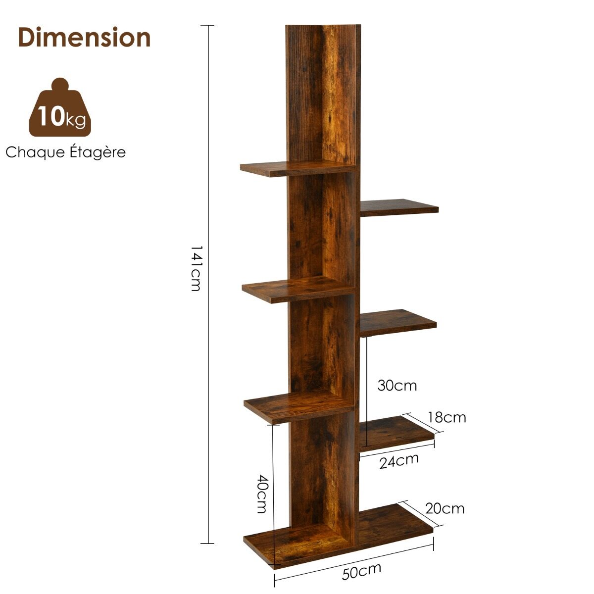 Puukujuline raamaturiiul 8 riiuliga Eraldiseisev riiul Kontoririiul 50 x 20 x 141 cm Pruun