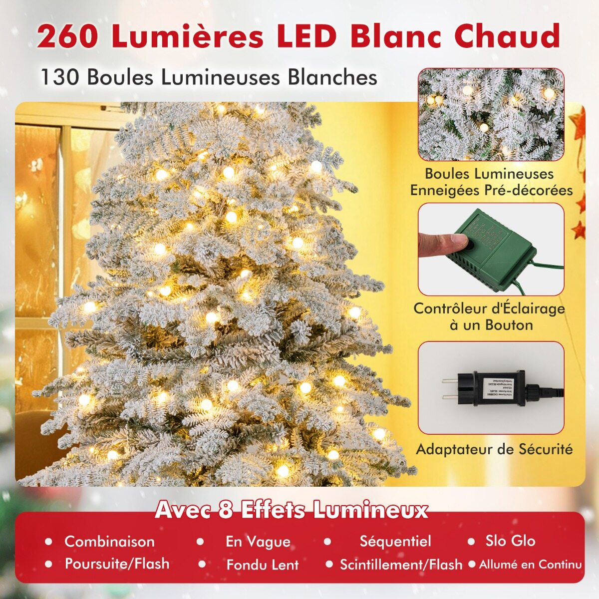 180 cm eelvalgustusega hingedega kunstkuusk 130 LED-tulega, 616 oksaga, 8 valgustusrežiimiga