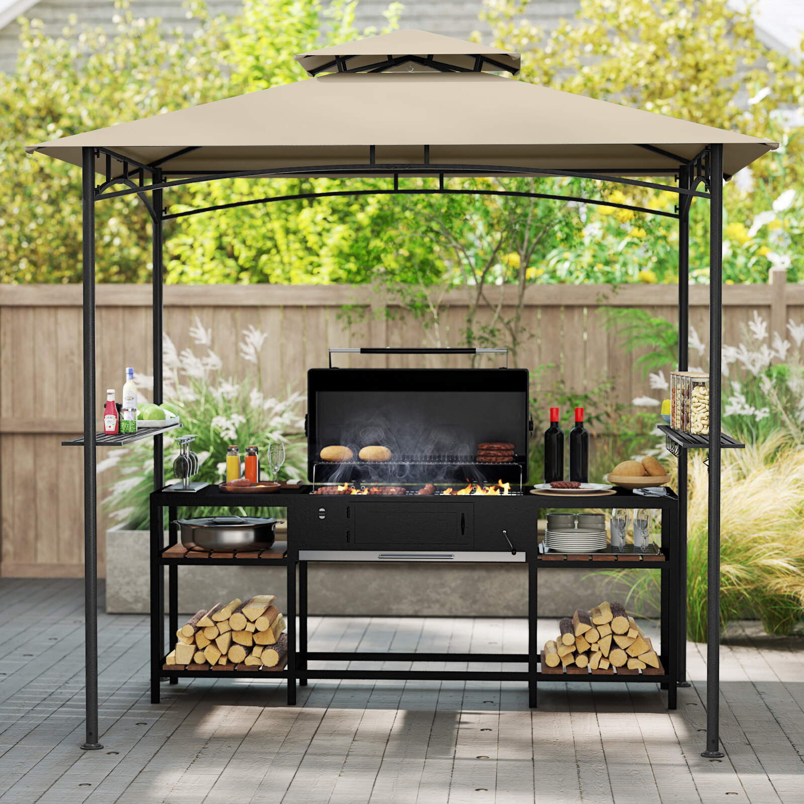 Grillvarikatus 242 x 150 cm kahetasandiline õuevarikatus 2 riiuli, 6 konksu, metallraami, pehme katusega, beež terrassivarjualune