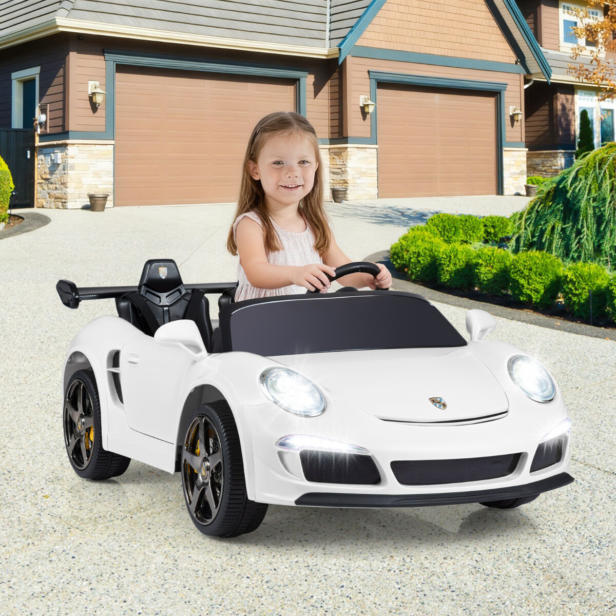 RUF-i poolt heaks kiidetud laste elektriline sõiduauto, 12 V elektriauto puldiga, LED-tuled, signaal, muusika, mootorid, kahekohaline iste, valge
