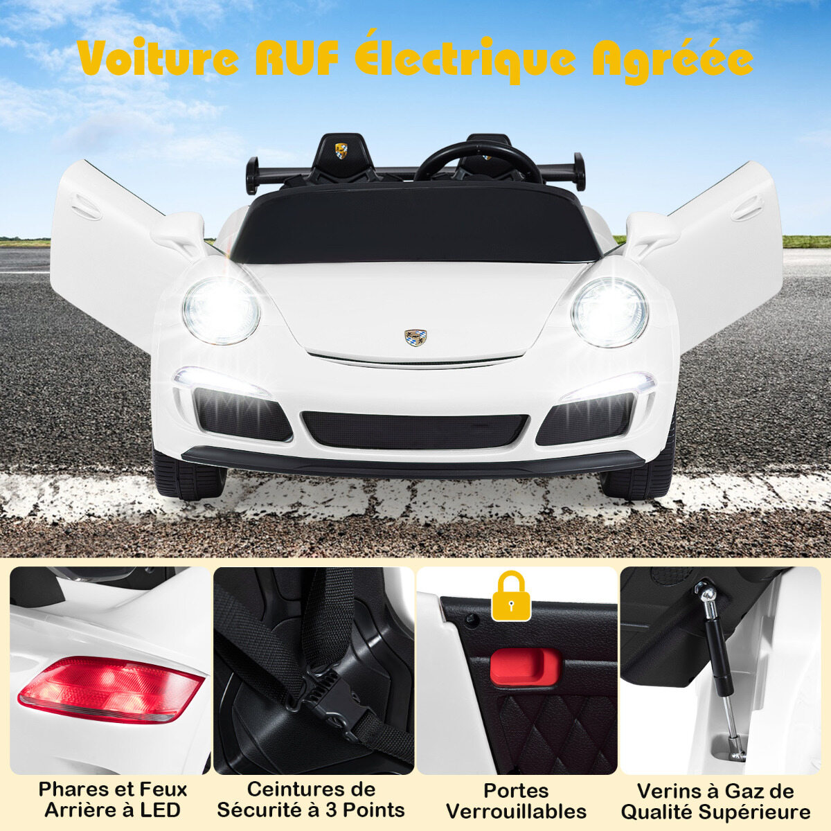 RUF-i poolt heaks kiidetud laste elektriline sõiduauto, 12 V elektriauto puldiga, LED-tuled, signaal, muusika, mootorid, kahekohaline iste, valge