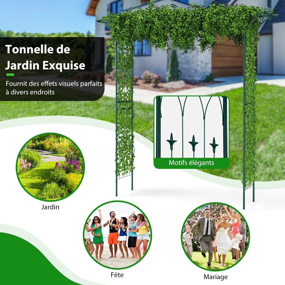 Rose arch metal garden arch for climbing plants archway garden 205 x 52 x 205 cm green